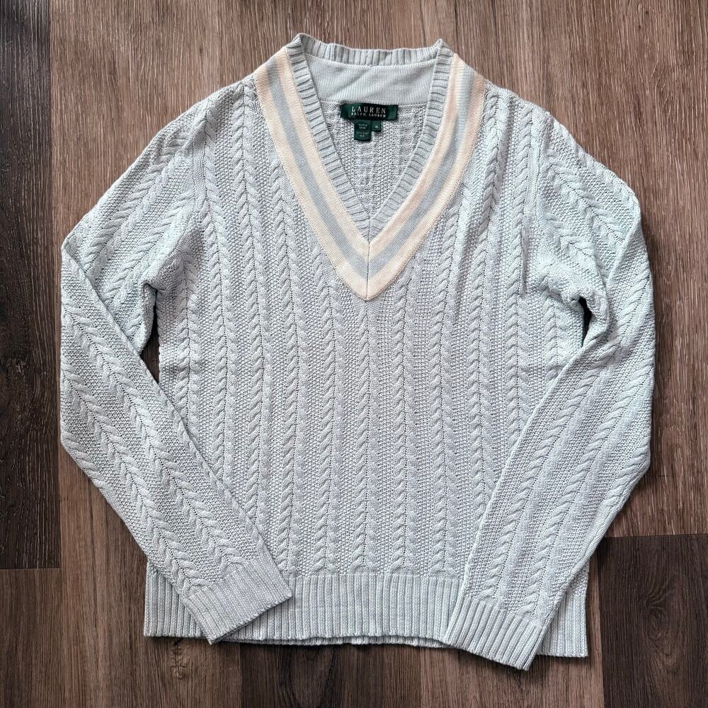 Vintage Lauren Ralph Lauren cable knit preppy womens sweater 100 % silk blue